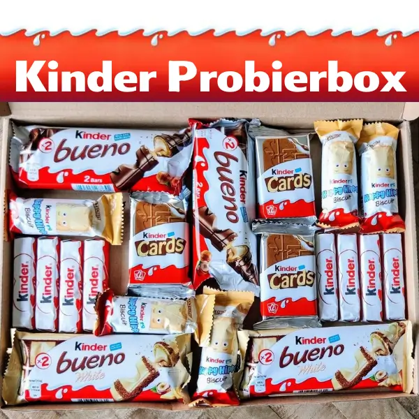 Kinderschokolade Gratis Box mit bunten Verpackungen