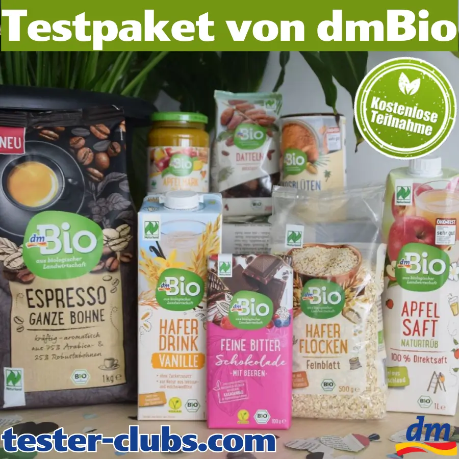 Verschiedene DM Bio Produkte wie Schokolade, Pflanzenmilch, Kaffee und Saft