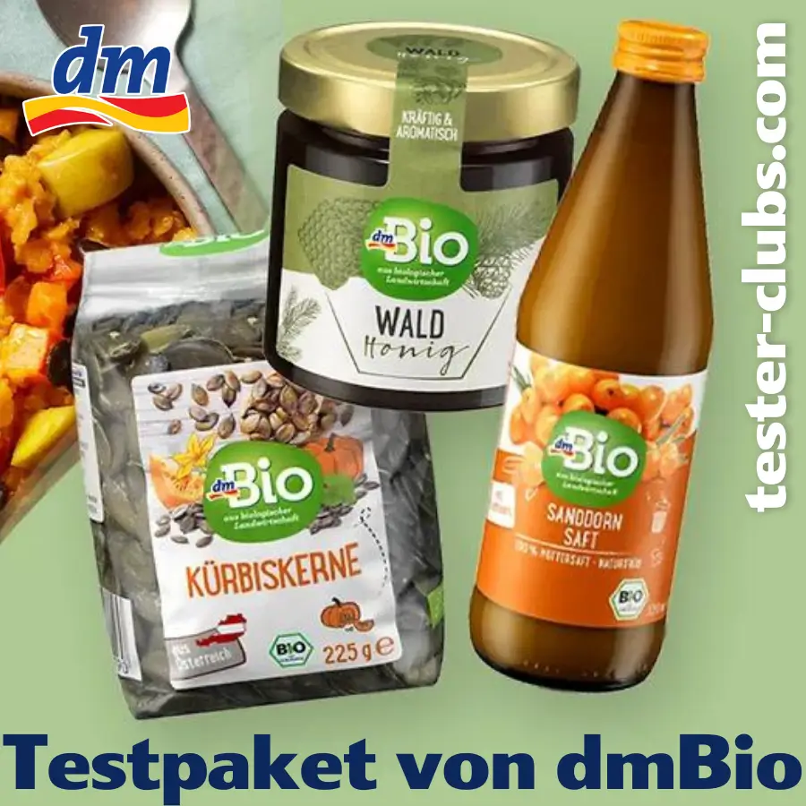 dmBio Testpaket mit Waldhonig, Kürbiskernen und Sanddornsaft.