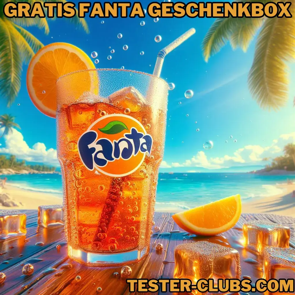 Ein Glas mit eiskalter Fanta Strawberry & Kiwi vor tropischer Kulisse mit blauem Himmel, Palmen, weißem Sand und blauem Meer.