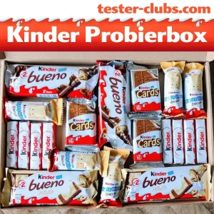 Verschiedene Kinderschokolade-Produkte in einer Probierbox auf tester-clubs.com.