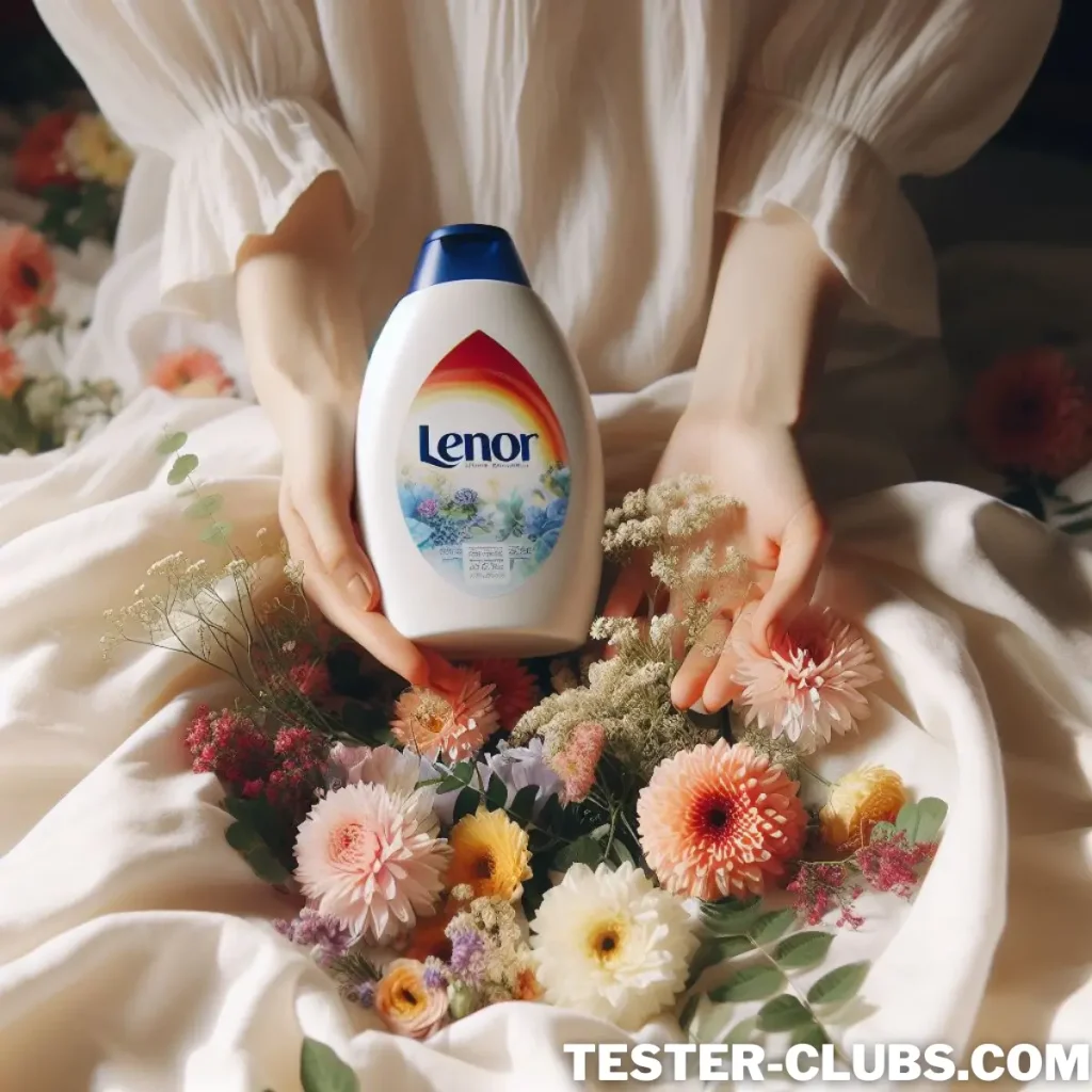 Flasche Lenor und schöne Blumen auf weißem Kleid, symbolisch für Lenor de gratis testen.