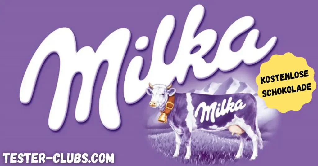 Milka Testpaket mit Kuh und Schokolade auf lila Hintergrund – Holen Sie sich Ihr gratis Schokoladenpaket.