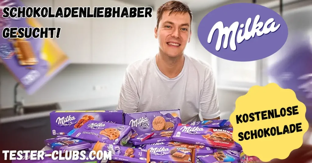 Set von Milka Schokolade auf dem Tisch neben einem glücklichen Mann als Teil der kostenlosen Milka Geschenke Aktion.