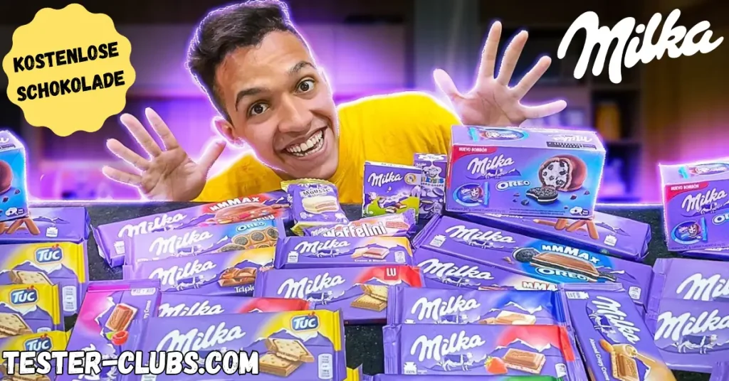 Glücklicher Mann umgeben von verschiedenen Milka Schokoladen dank der kostenlosen Milka Box Aktion.