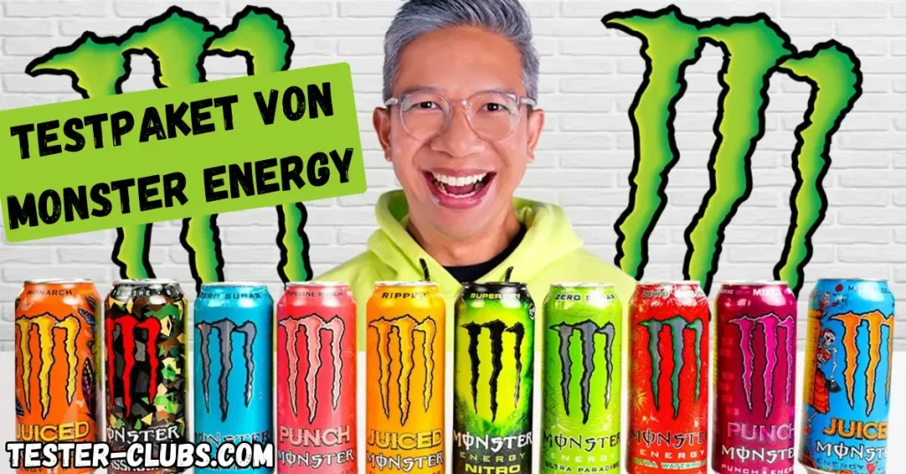 Vielfalt der Monster Energy Drinks mit glücklichem Mann