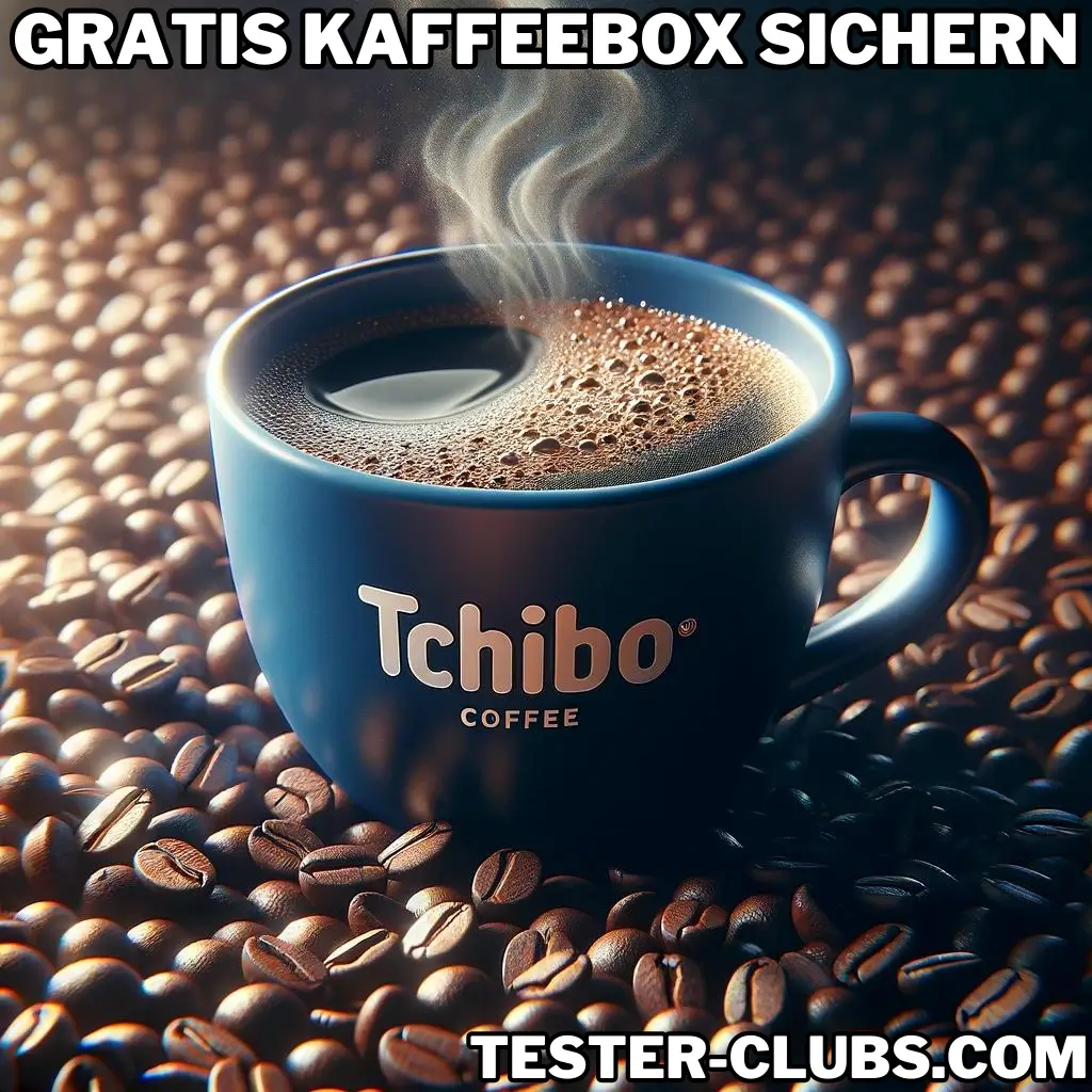 Tchibo Kaffeetasse mit aromatischem Kaffee, umgeben von Kaffeebohnen.