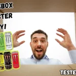 Mann freut sich über eine Geschenkbox voller bester Monster Energy Drinks.