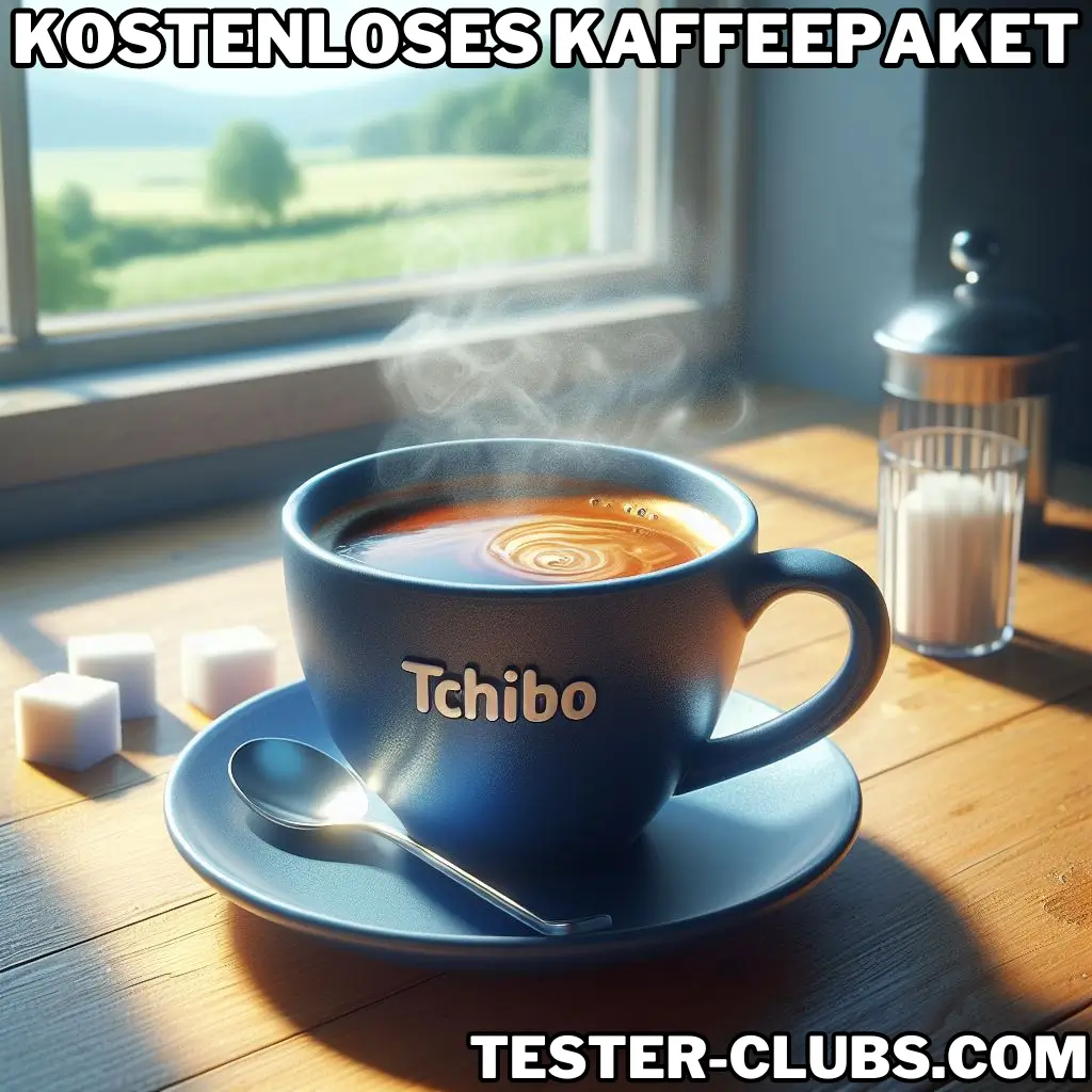 Frisch gebrühter Tchibo Kaffee in einer Tchibo-Tasse mit Blick aufs Grüne