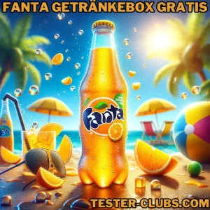 Erfrischende Fanta-Flasche mit Strandzubehör im Hintergrund